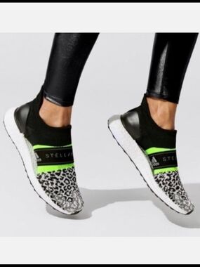Adidas by Stella McCartney Black & Neon Green Leopard Slip-On Sneakers